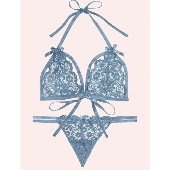 🌹🆕 Elegant Blue Lace Lingerie Set grayish blue small - Picture 5 of 6